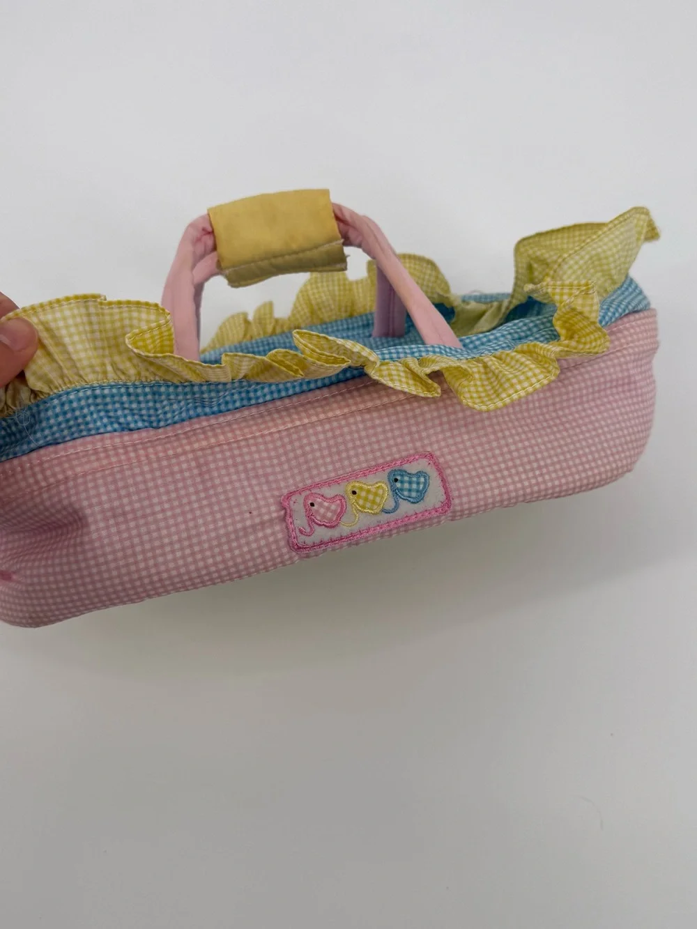 Kids Multicolor Ruffled Doll Carrier Gingham Pink Blue Yellow Pretend Play Toy